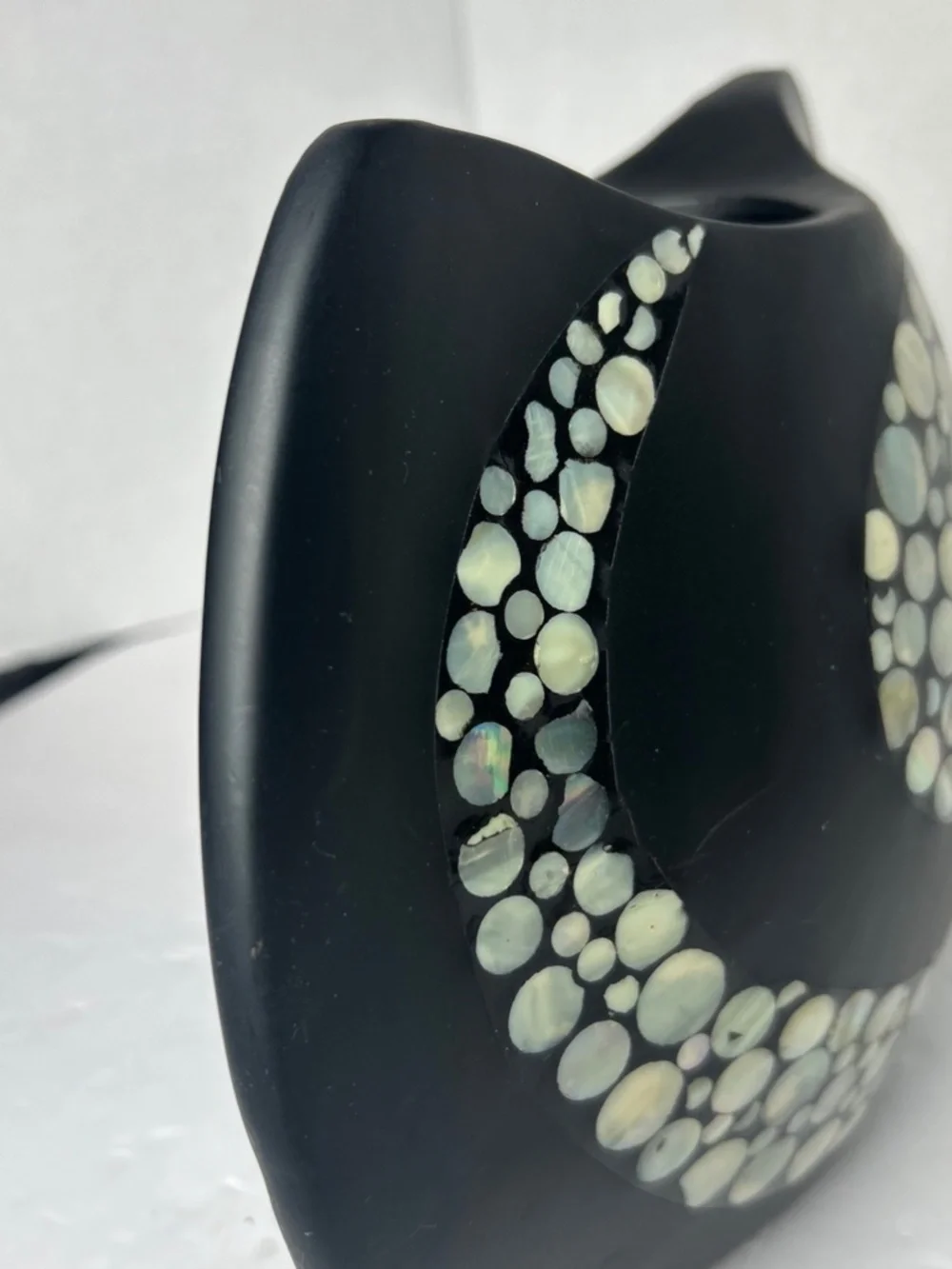 Black Ceramic Vase Vessel Intricate Mother of Pearl Inlay Swirl MCM Art Deco 8